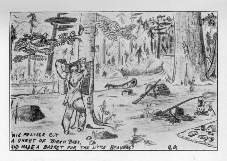 Big Feather cut a sheet of birch bark, and made a basket for the Little Beavers