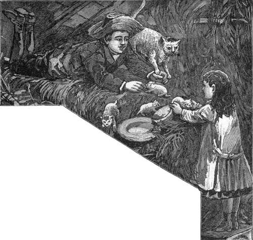 Cat playing with children in a barn.